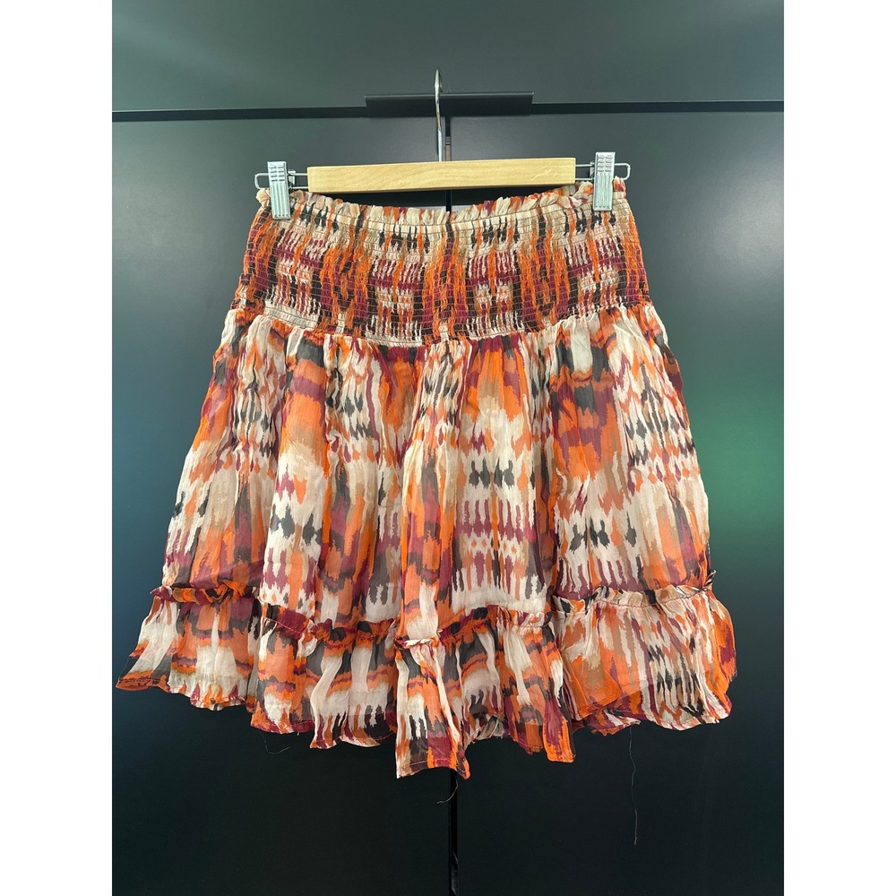 Anthropologie Smocked Ikat Mini‎ Skirt Orange Multi Print Cupro Size S NWT
